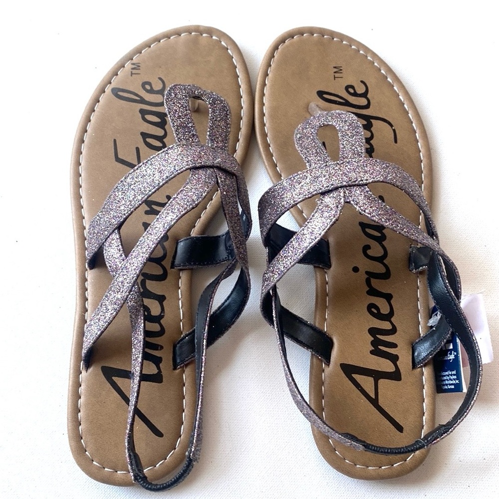 American Eagle Purple Glitter Strapy Flat Sandal, Size‎ 8, NWT